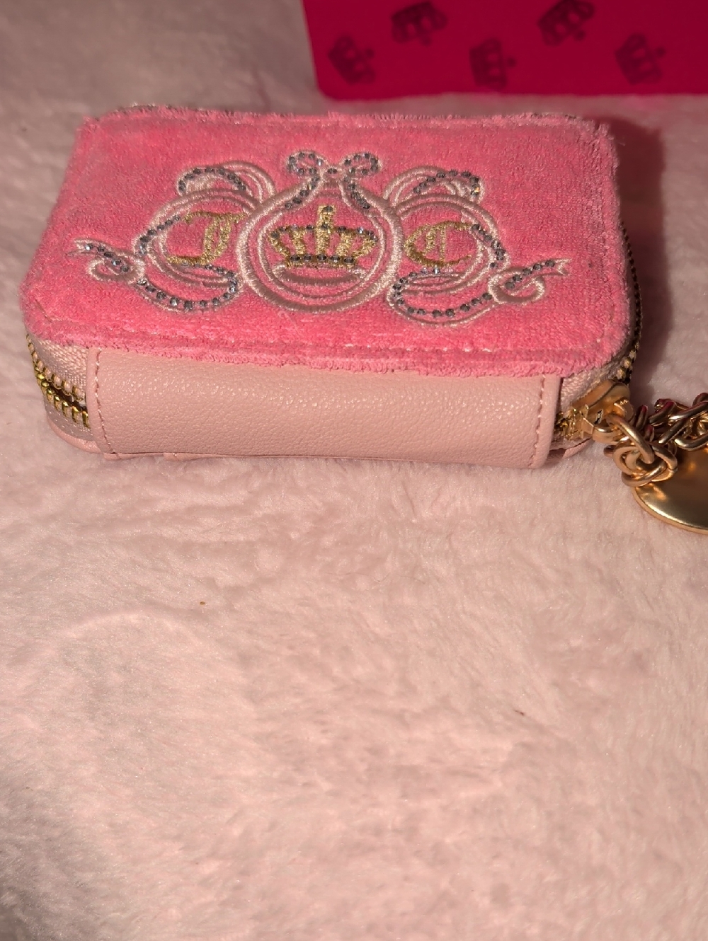 Juicy Couture Pink Velvet & Leather Key Pouch with Crown Crest